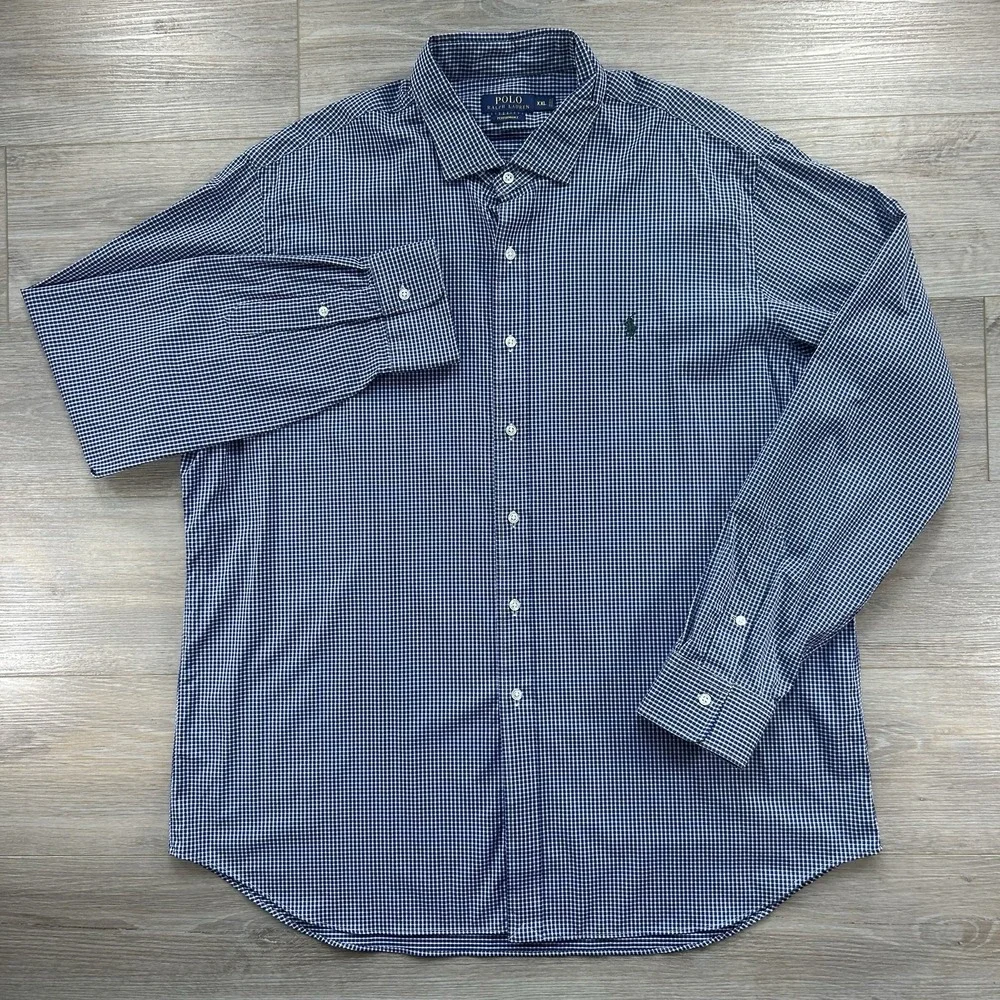 Polo Ralph Lauren XXL Navy Gingham Check Performance Long Sleeve Button Down